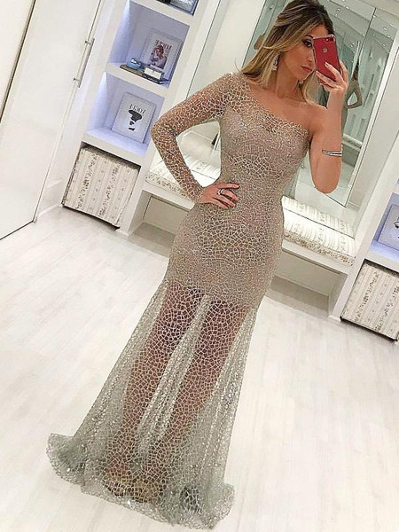 Champagne Beading One Shoulder Long Sleeve See Through Prom Dress