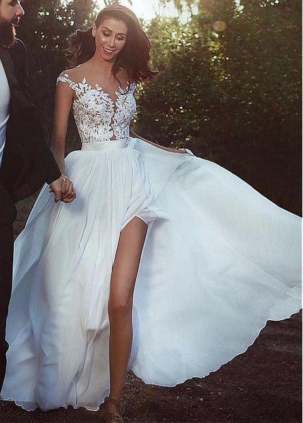 Chiffon Jewel  A-line Wedding Dress See Through  With Lace Slit