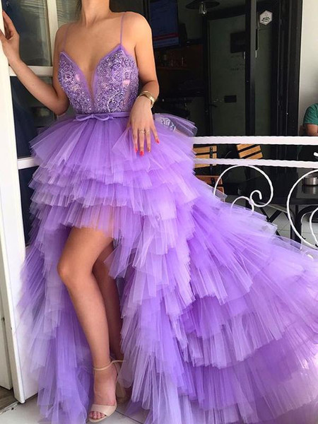 High Low Spaghetti Strap Purple Tiered Tulle Appliques Prom Dress