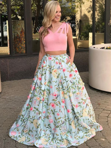 Beautiful Two Piece Peach Floral Prints Pocket Prom Dress
