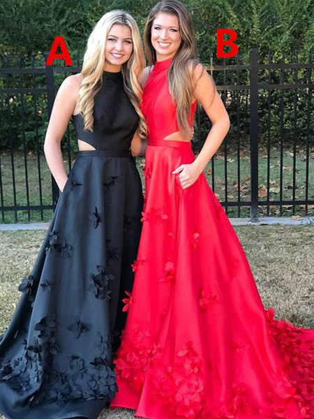 Red Halter Satin Applique Long A-Line Prom Dress