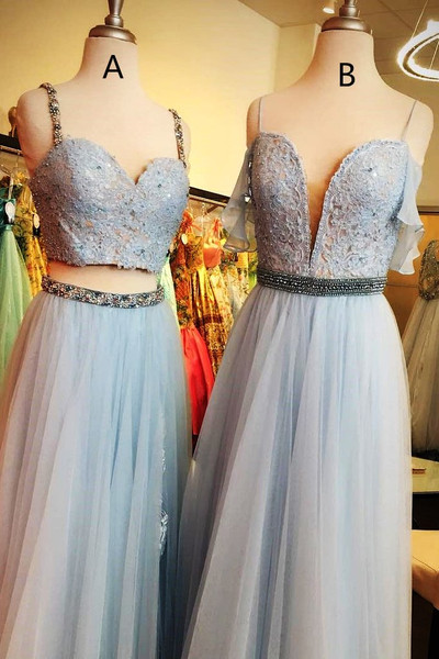 Light Blue Spaghetti Strap Mismatched Lace Chiffon Prom Dress
