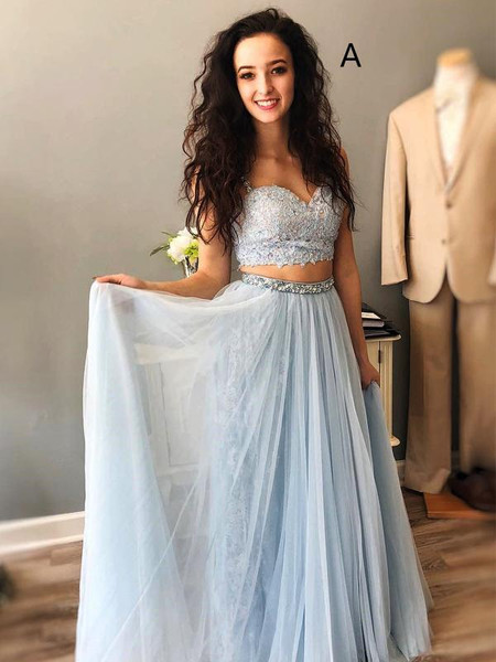 Light Blue Spaghetti Strap Mismatched Lace Chiffon Prom Dress