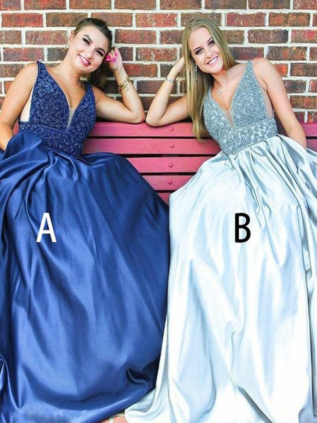 Blue V Neck Mismatched Beading Satin Sleeveless Prom Dress