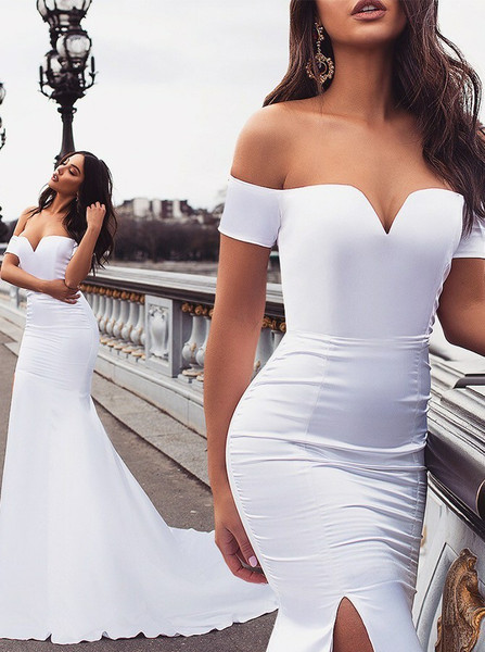 Mermaid Off Shoulder White Split Prom Evening Party Dress