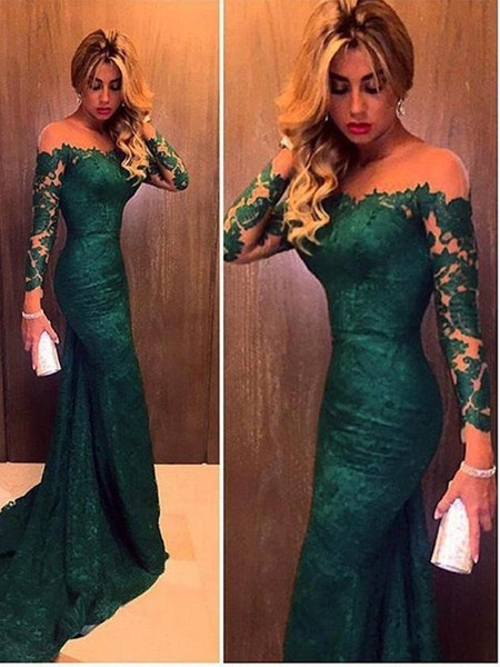 Trumpet Mermaid Off-the-Shoulder Lace Long Sleeves Green Prom Dress