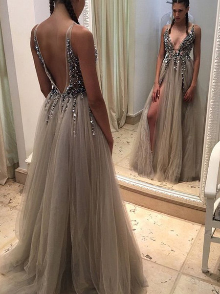 Princess V-neck Tulle Sleeveless Paillette Silver Prom Dress
