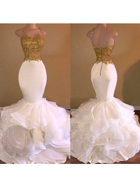 Trumpet Mermaid White Spaghetti Straps Appliques Organza Prom Dress