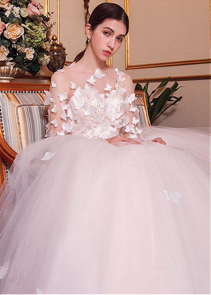 Handmade Flowers Tulle Jewel Ball Gown Wedding Dress