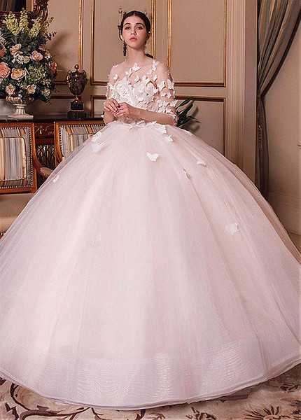 Handmade Flowers Tulle Jewel Ball Gown Wedding Dress