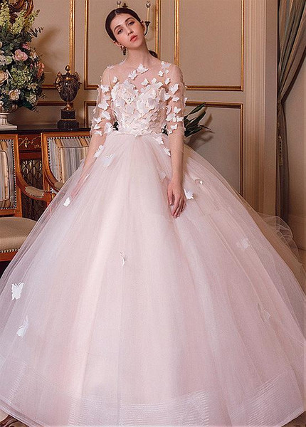 Handmade Flowers Tulle Jewel Ball Gown Wedding Dress