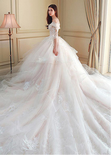 Appliques Tulle Off-the-shoulder Ball Gown Wedding Dress