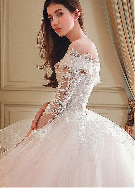 Appliques Tulle Off-the-shoulder Ball Gown Wedding Dress