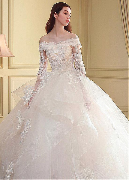 Appliques Tulle Off-the-shoulder Ball Gown Wedding Dress