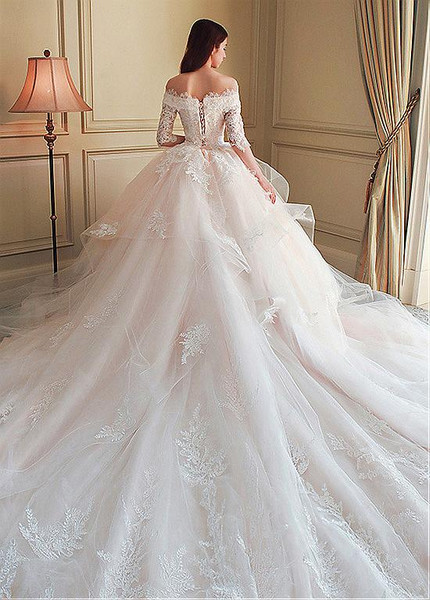Appliques Tulle Off-the-shoulder Ball Gown Wedding Dress
