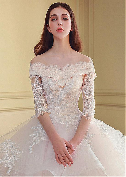 Appliques Tulle Off-the-shoulder Ball Gown Wedding Dress
