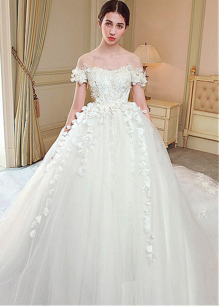  Handmade Flowers Tulle Off-the-shoulder  Ball Gown Wedding Dress