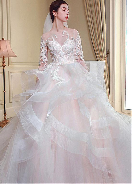Tulle Jewel Lace Appliques Long Sleeves Ball Gown Wedding Dress