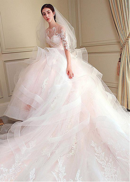 Tulle Jewel Lace Appliques Long Sleeves Ball Gown Wedding Dress