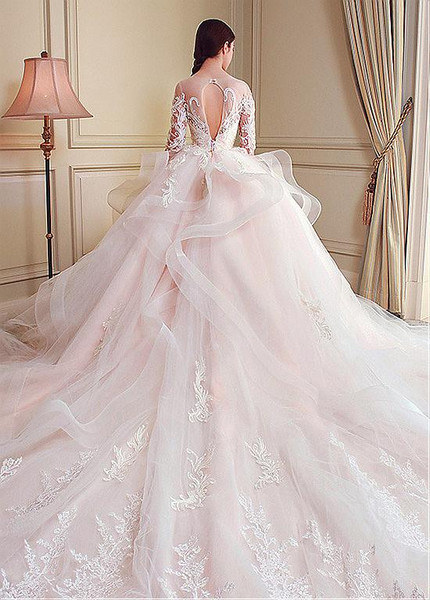 Tulle Jewel Lace Appliques Long Sleeves Ball Gown Wedding Dress
