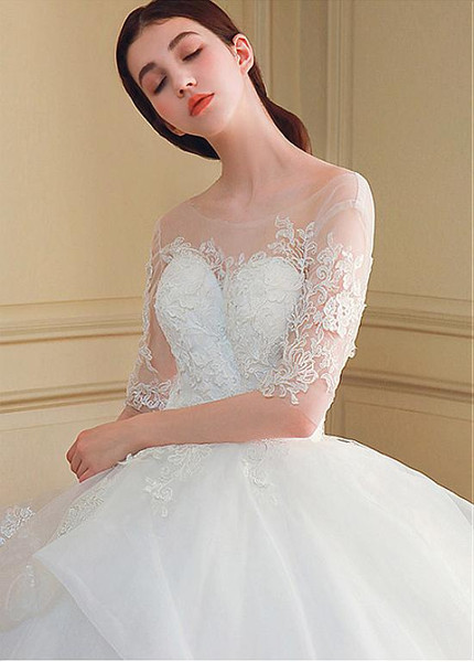 Tulle Jewel Lace Appliques Half Sleeves Ball Gown Wedding Dress