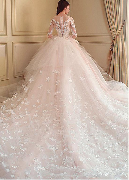 Long Sleeve Appliques Tulle Jewel Ball Gown Wedding Dress