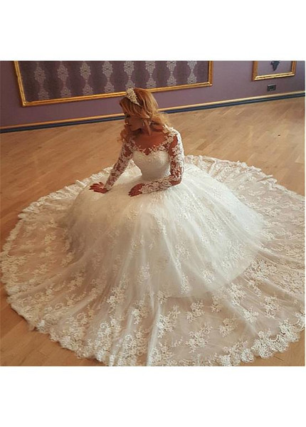 3D Flower Bateau Neckline Ball Gown Wedding Dress With Lace Appliques