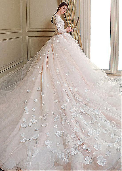 Lace & Tulle Jewel Appliques Flowers Ball Gown Wedding Dress