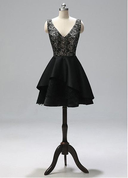 Lace & Satin V-neck Black Knee-length A-line Homecoming Dress