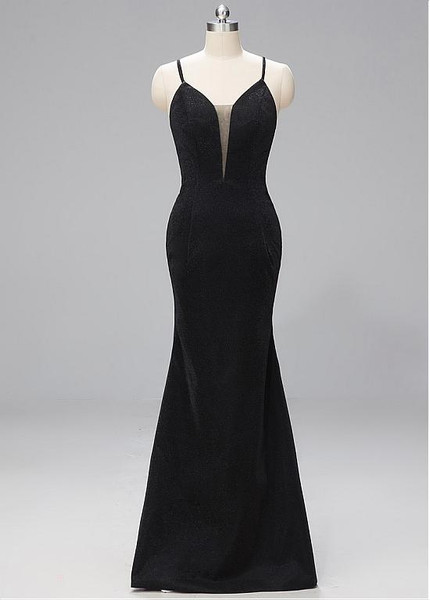 Lace Satin Spaghetti Straps Black Mermaid Prom Dress