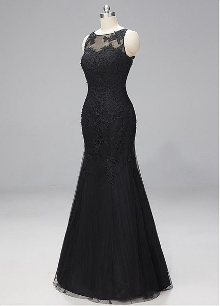 Lace & Tulle Bateau Black Long Mermaid Evening Dress