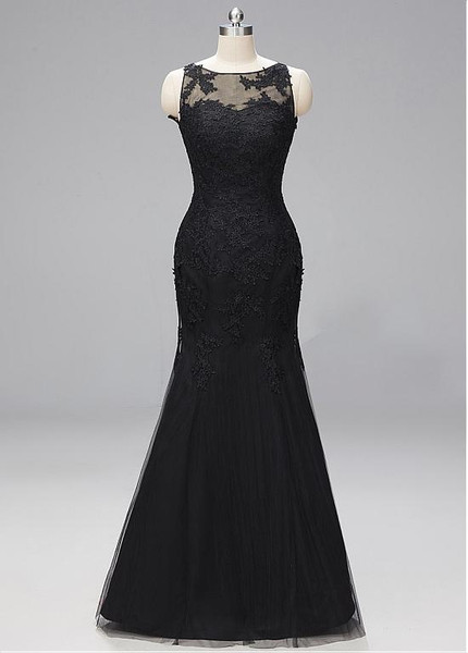Lace & Tulle Bateau Black Long Mermaid Evening Dress