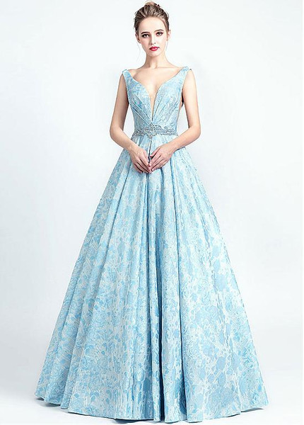 Blue Elegant Satin V-neck Neckline A-line Prom Dress