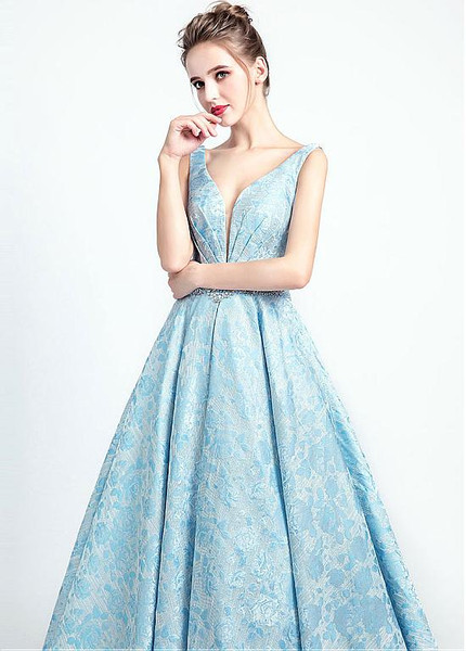 Blue Elegant Satin V-neck Neckline A-line Prom Dress