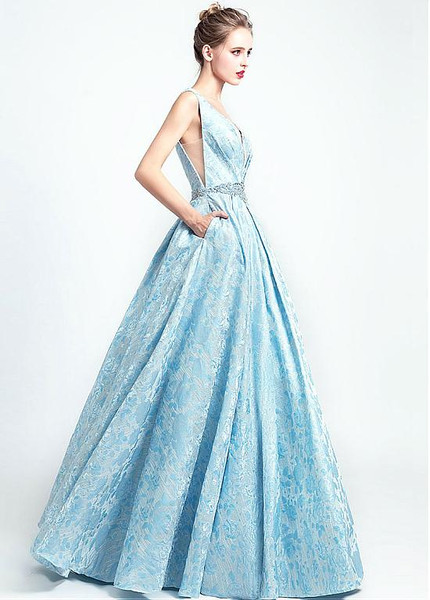 Blue Elegant Satin V-neck Neckline A-line Prom Dress