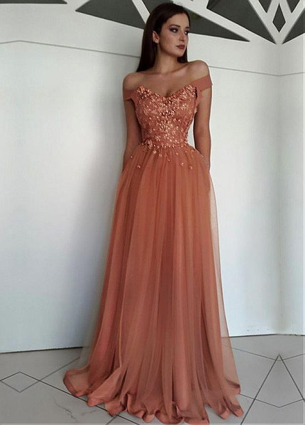 Beading Appliques Tulle Off-the-shoulder Coral A-line Evening Dress