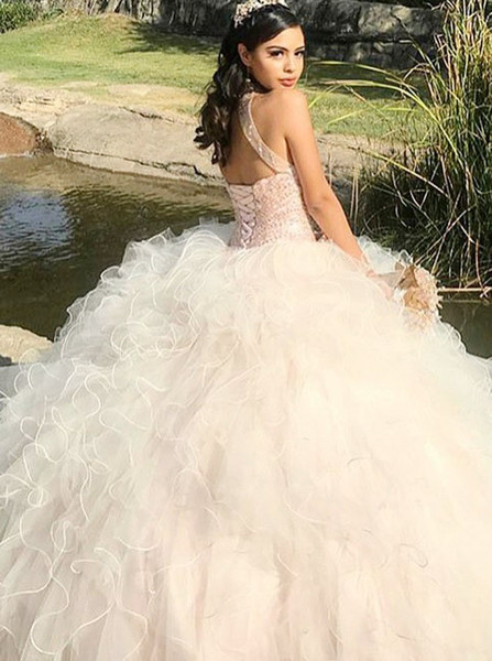 Beading Open Back Pearl Pink Quinceanera Ball Gown Jewel Dress