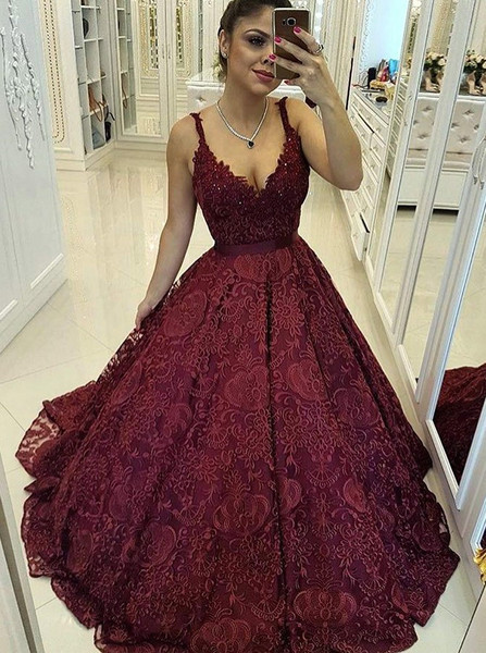 Beading Ball Gown Scoop Dark Red Lace Quinceanera Dress 