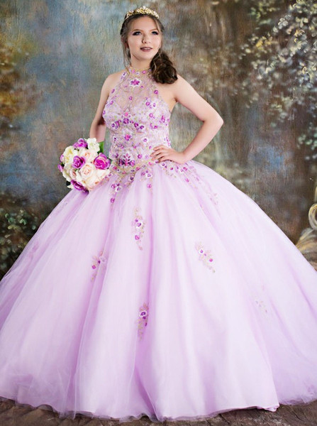 Appliques Ball Gown Jewel Pink Tulle Quinceanera Dress