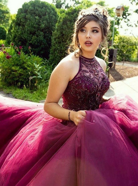 Ball Gown Jewel Fuchsia Beading Sequins Tulle Quinceanera Dress