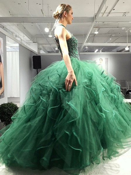Ball Gown Jewel Beading Green Tulle Quinceanera Dress

