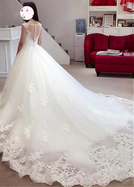  Long Train Tulle Bateau A-line Wedding Dress With Beading