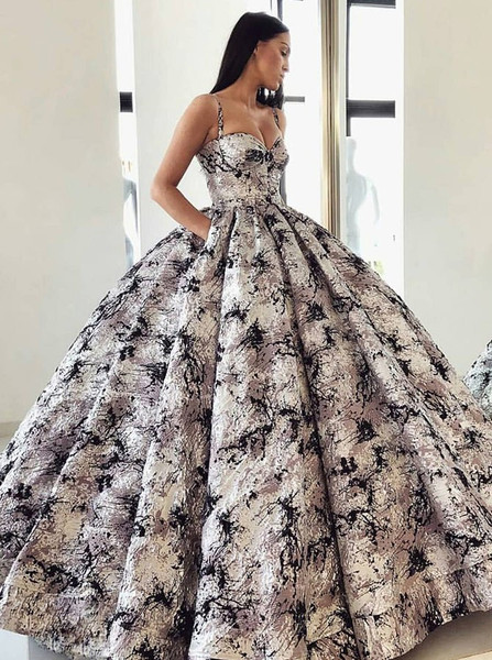 Floral Grey Satin Ball Gown Spaghetti Straps Quinceanera Dress with Pockets