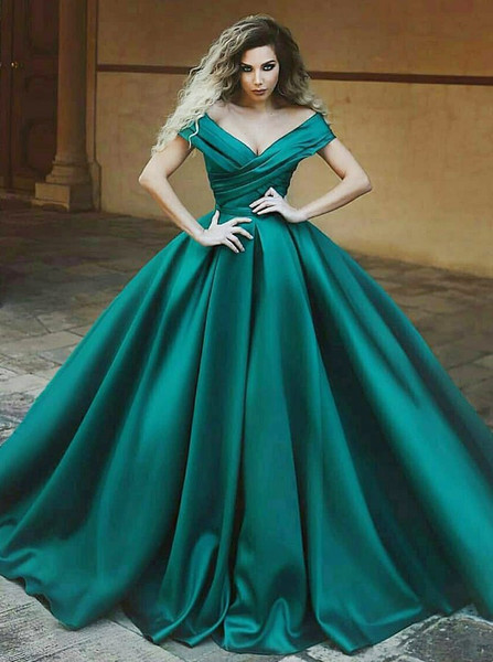 Pleated Dark Green Satin Ball Gown Off-the-Shoulder Quinceanera Dress