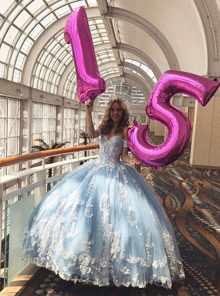 Ball Gown Sweetheart Appliques Blue Tulle Quinceanera Dress