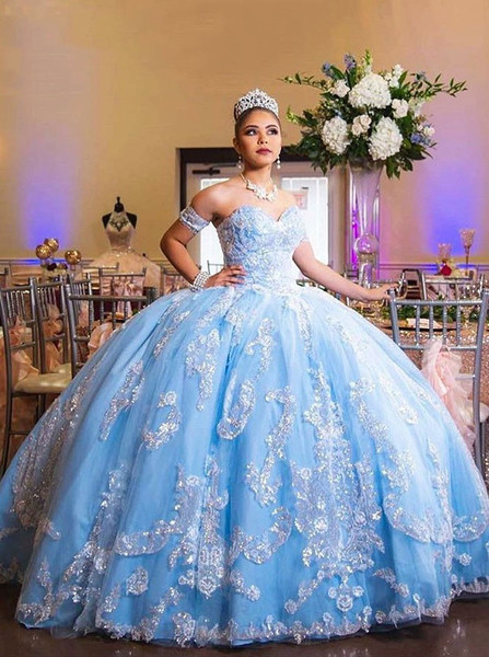 Ball Gown Sweetheart Appliques Blue Tulle Quinceanera Dress
