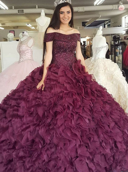 Burgundy Organza Ball Gown Off-the-Shoulder Quinceanera Dress with Beading
