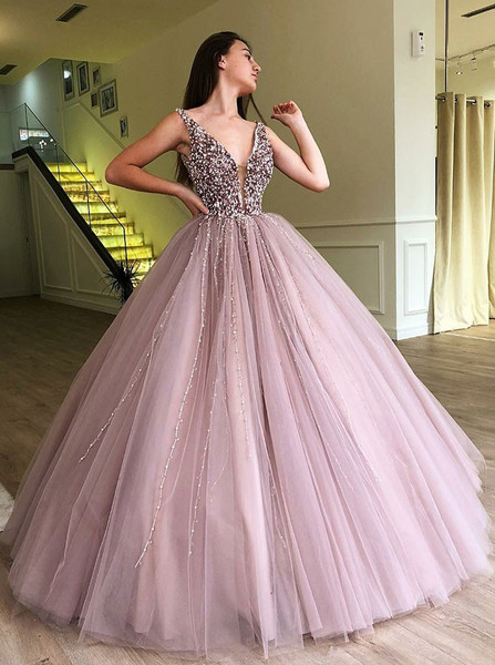 Low Cut Blush Tulle A-Line V-Neck Quinceanera Dress with Beading Sequins