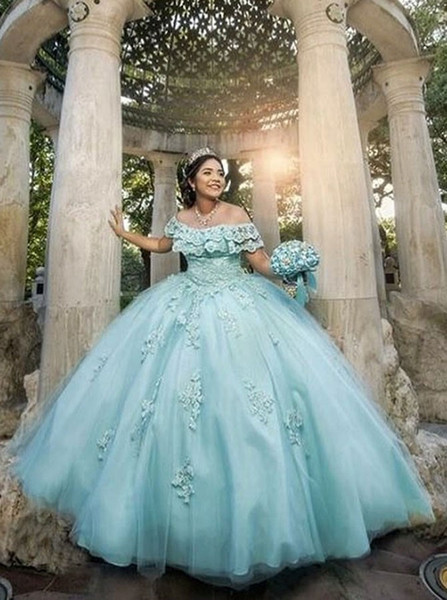 Appliques and Lace Ball Gown Off-the-Shoulder Turquoise Quinceanera Dress