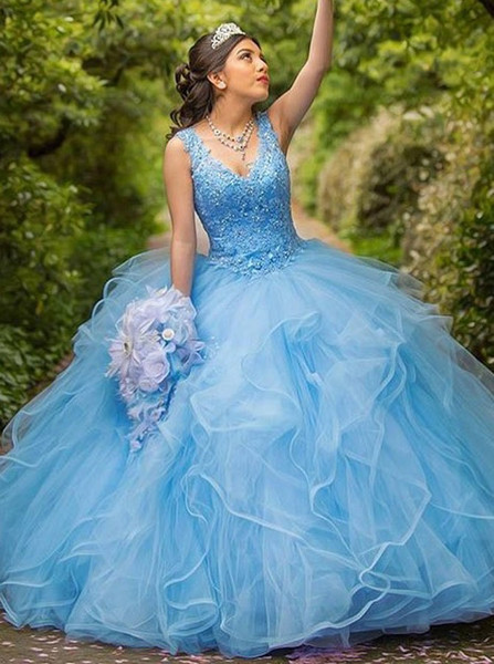 Appliques Beading Ball Gown Scoop Blue Tulle Quinceanera Dress 